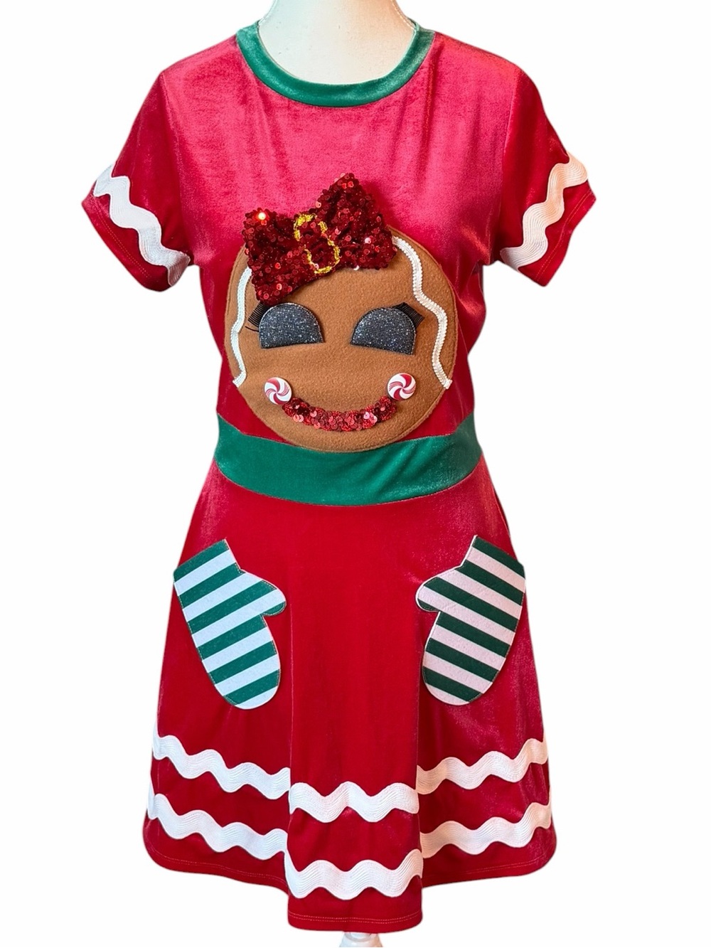Christmas Dress- Women’s Red Gingerbread Dress Costume w/ Glittery Bow & Pocket